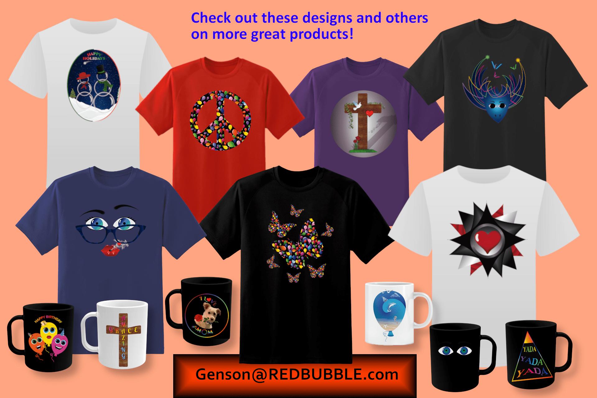 variety of t-shirts and mugs with a range of genson's designs